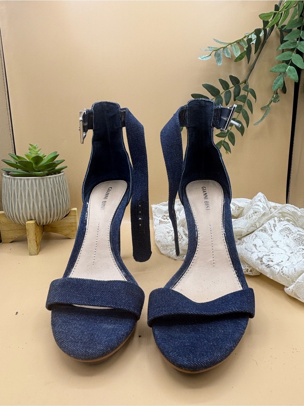 Gianni Bini Dark Blue Denim Ankle-Strap Heels